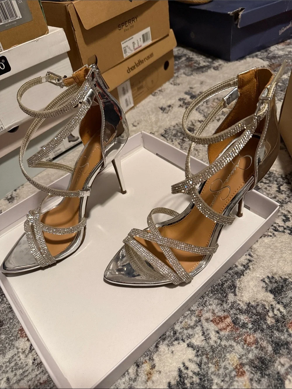 Jessica Simpson Silver Rhinestone Strappy Pointed-Toe Heels